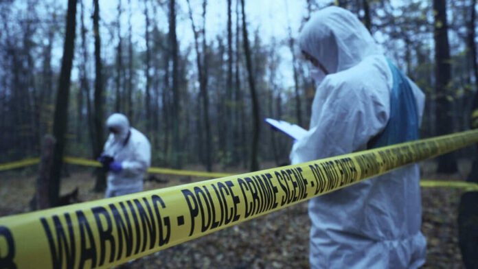 2453060271 Crime scene tape with investigators in protective suits