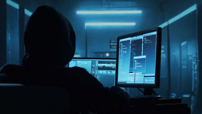 Person in hoodie using multiple computer screens.